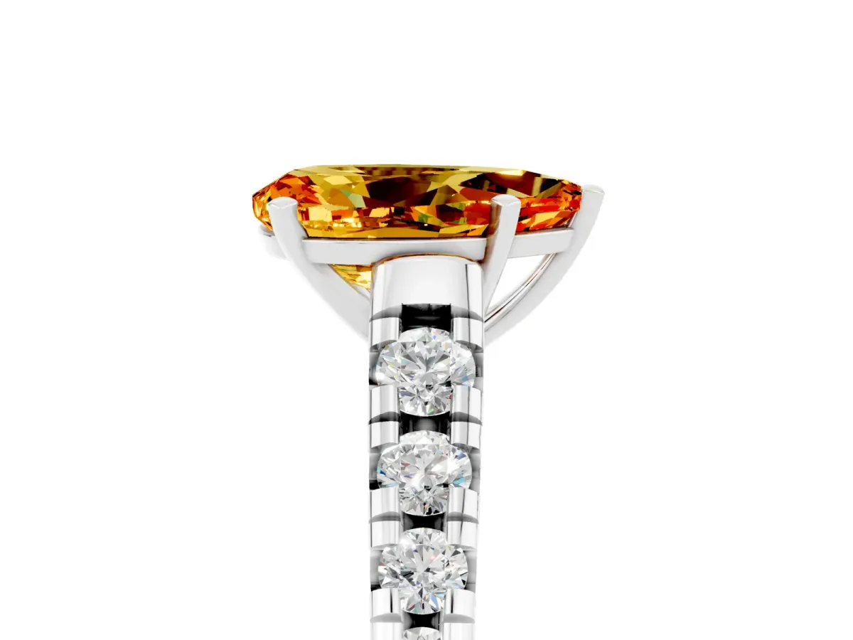 Pear Cut Citrine Cathedral Solitaire Ring with Round Pavé Band Silver
