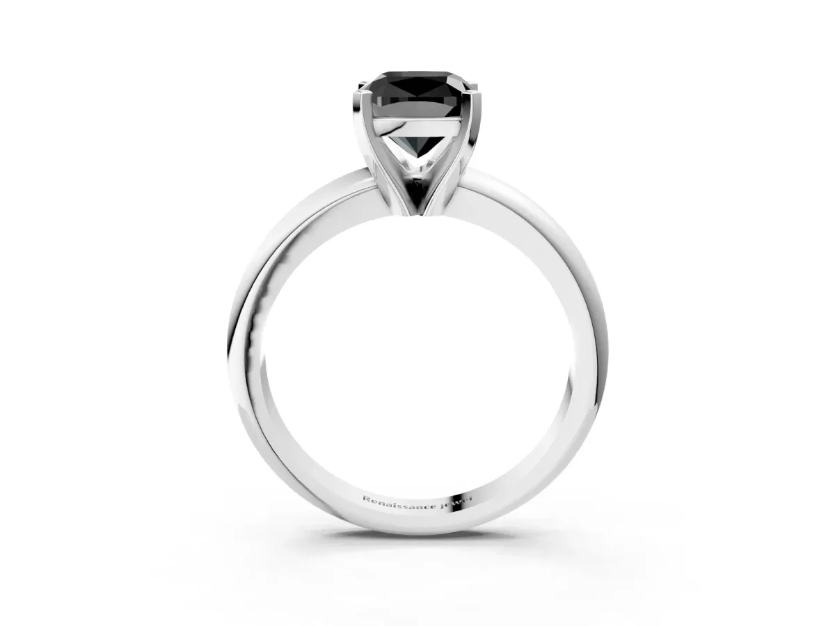 Fancy Black Cushion Cut Diamond Solitaire Engagement Ring with Round Band and Four-Prong Setting Silver