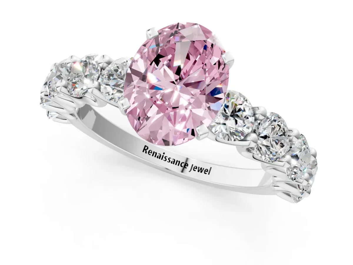 Fancy Pink Oval Cut Diamond Prong Setting with Side Stones on a Pave Band Silver