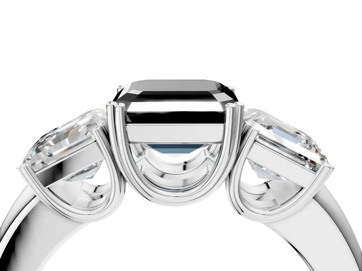 Fancy Black Three-Stone Asscher Cut Cut Diamond Ring with Channel Set Band and Four-Prong Setting Silver