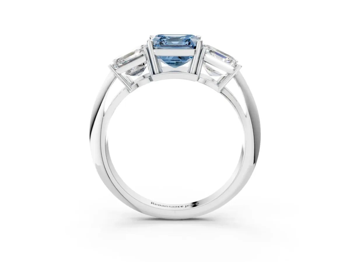 Fancy Blue Three-Stone Asscher Cut Cut Diamond Engagement Ring with Prong Setting on a White Gold Band Silver