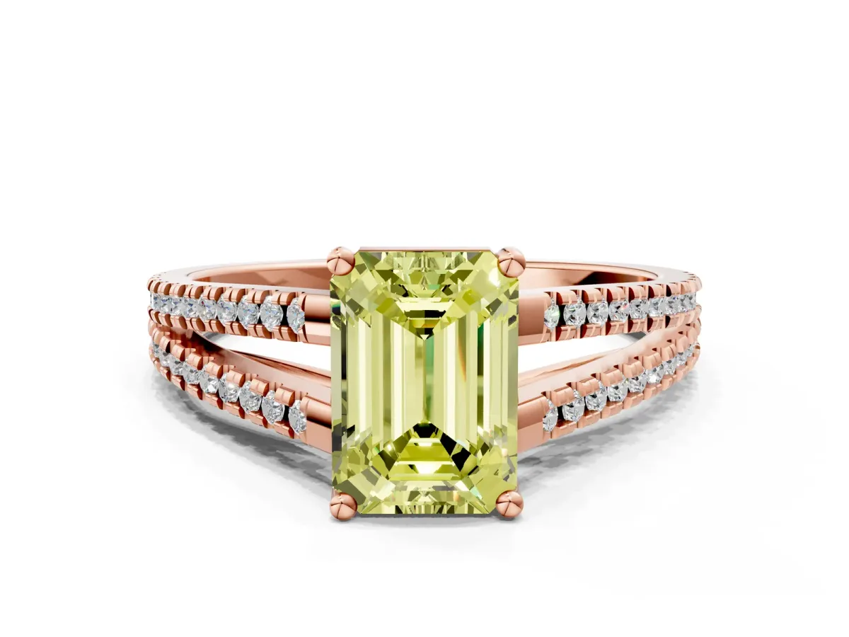 Fancy Yellow Emerald Cut Diamond Solitaire Engagement Ring with Split Shank Pavé Band Rose gold