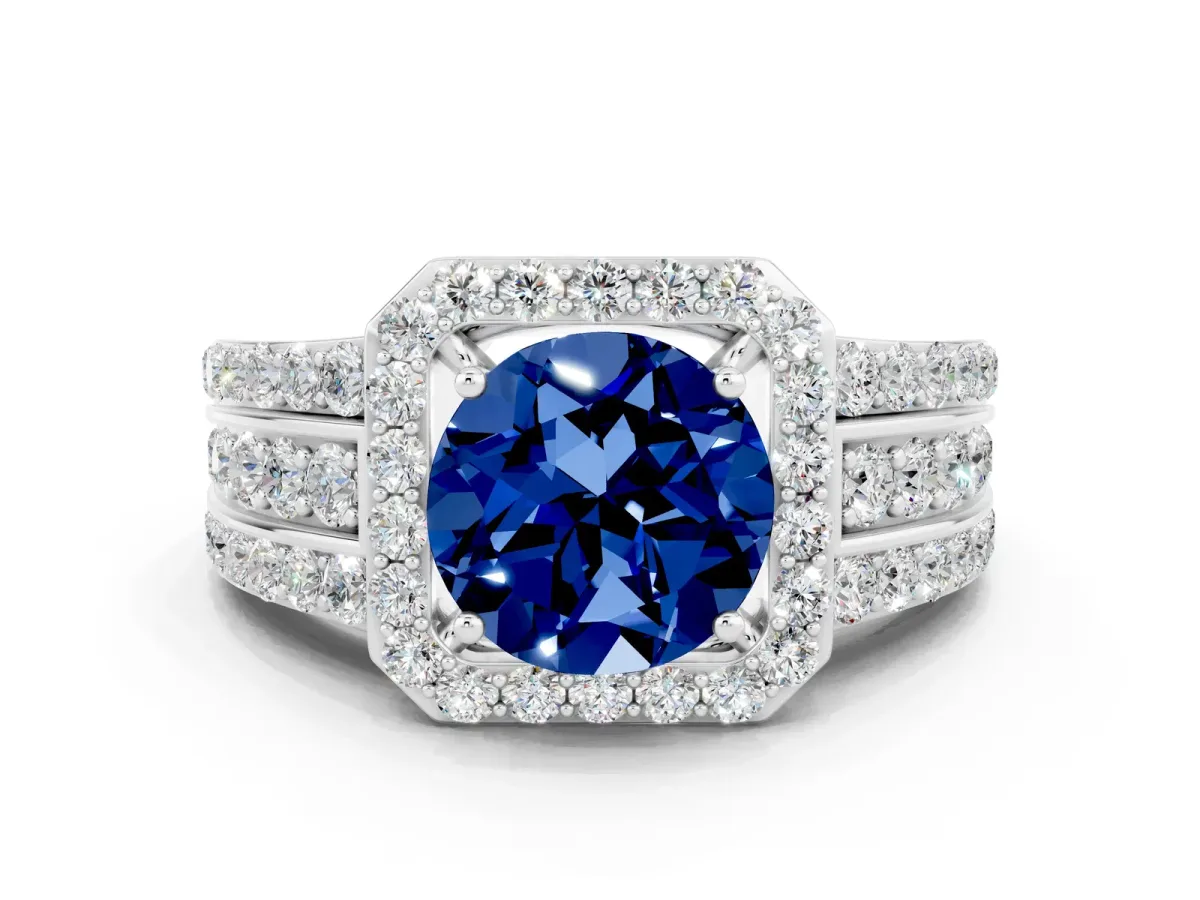 Round Cut Halo Blue Sapphire Ring with Round Split Shank and Prong Setting Platinum