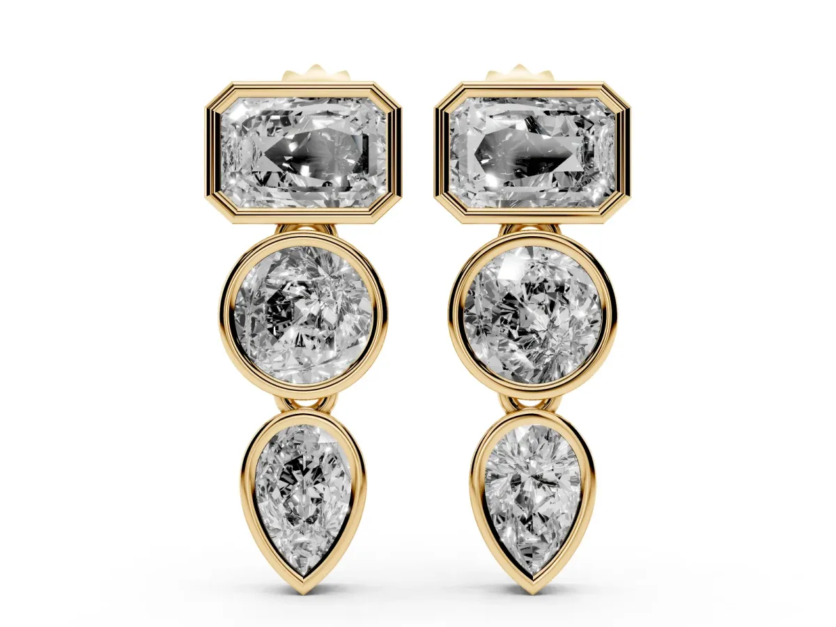 Emerald, Round and Pear Diamond Bezel Drop Earrings Yellow gold