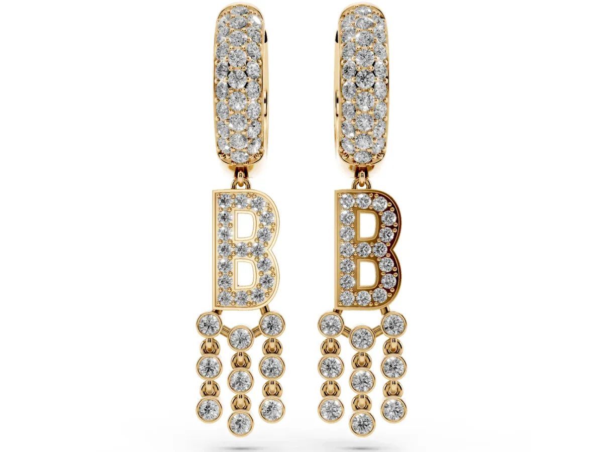 Round Diamond Initial B Huggie Hoop Earrings Yellow gold