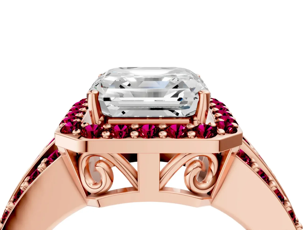Asscher Cut Halo Diamond Ring with Round Garnet Split Shank and Prong Setting Rose gold