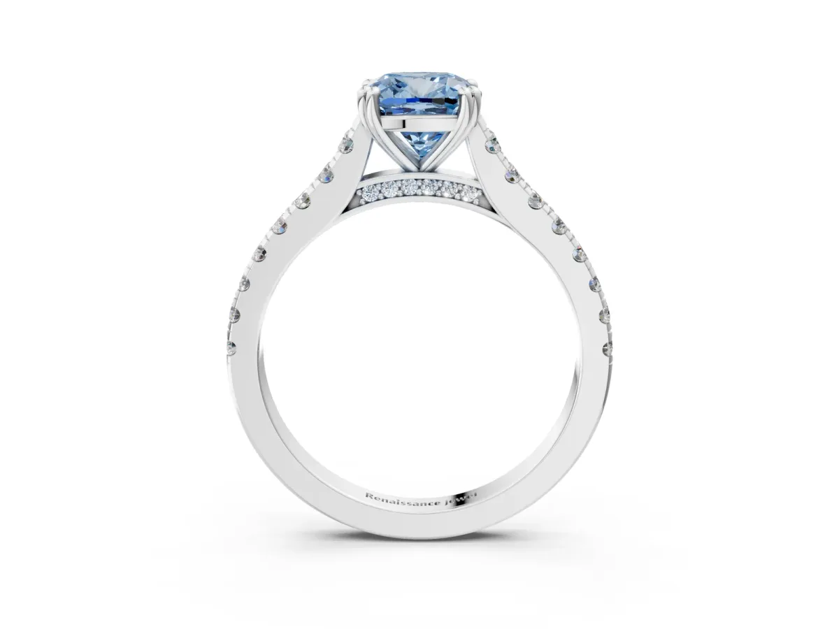 Fancy Blue Cushion Cut Solitaire Pave Diamond Engagement Ring with Prong Setting White gold