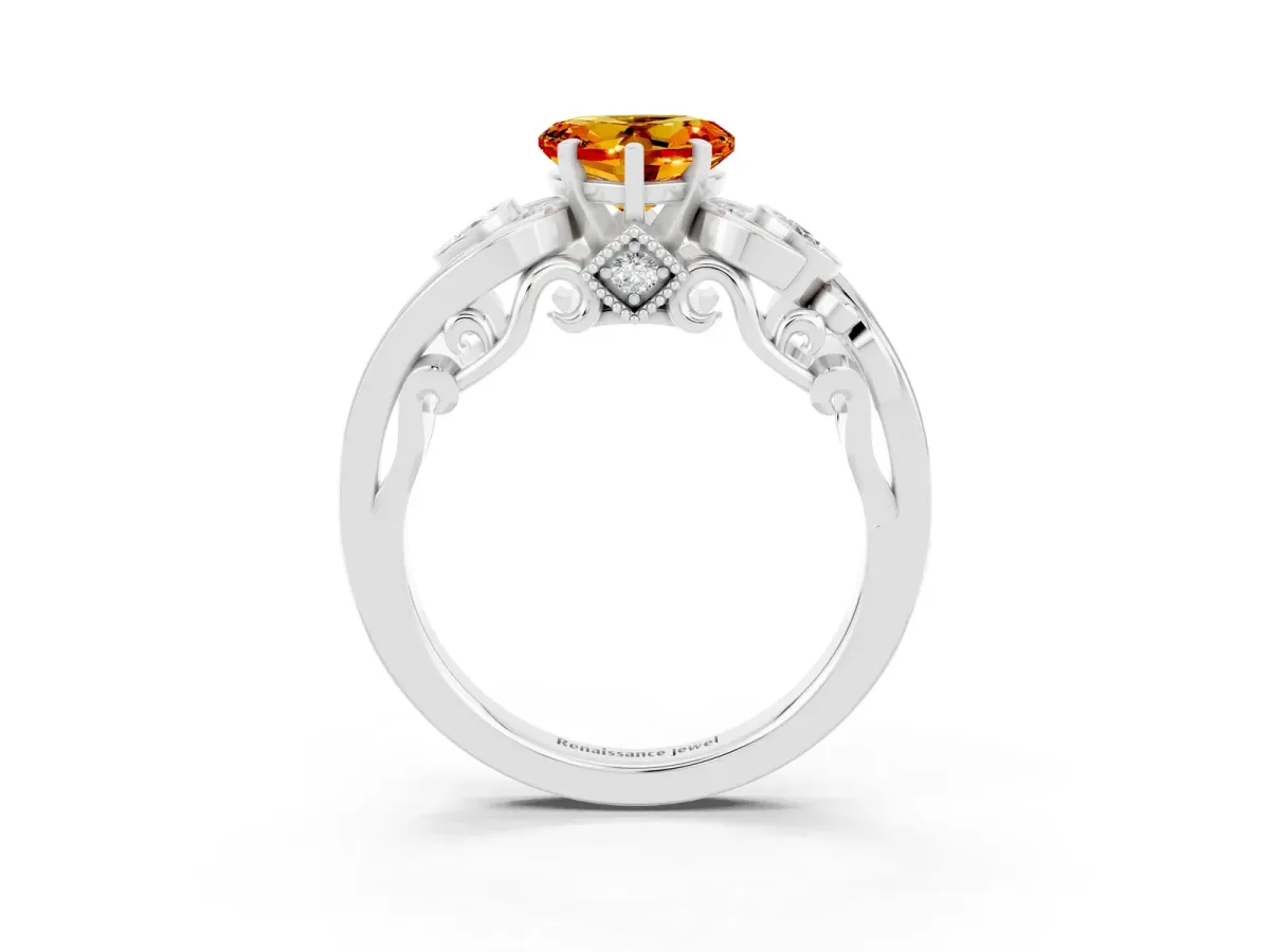 Heart Cut Citrine Solitaire Ring with Milgrain Pavé Band and Four-Prong Setting Silver