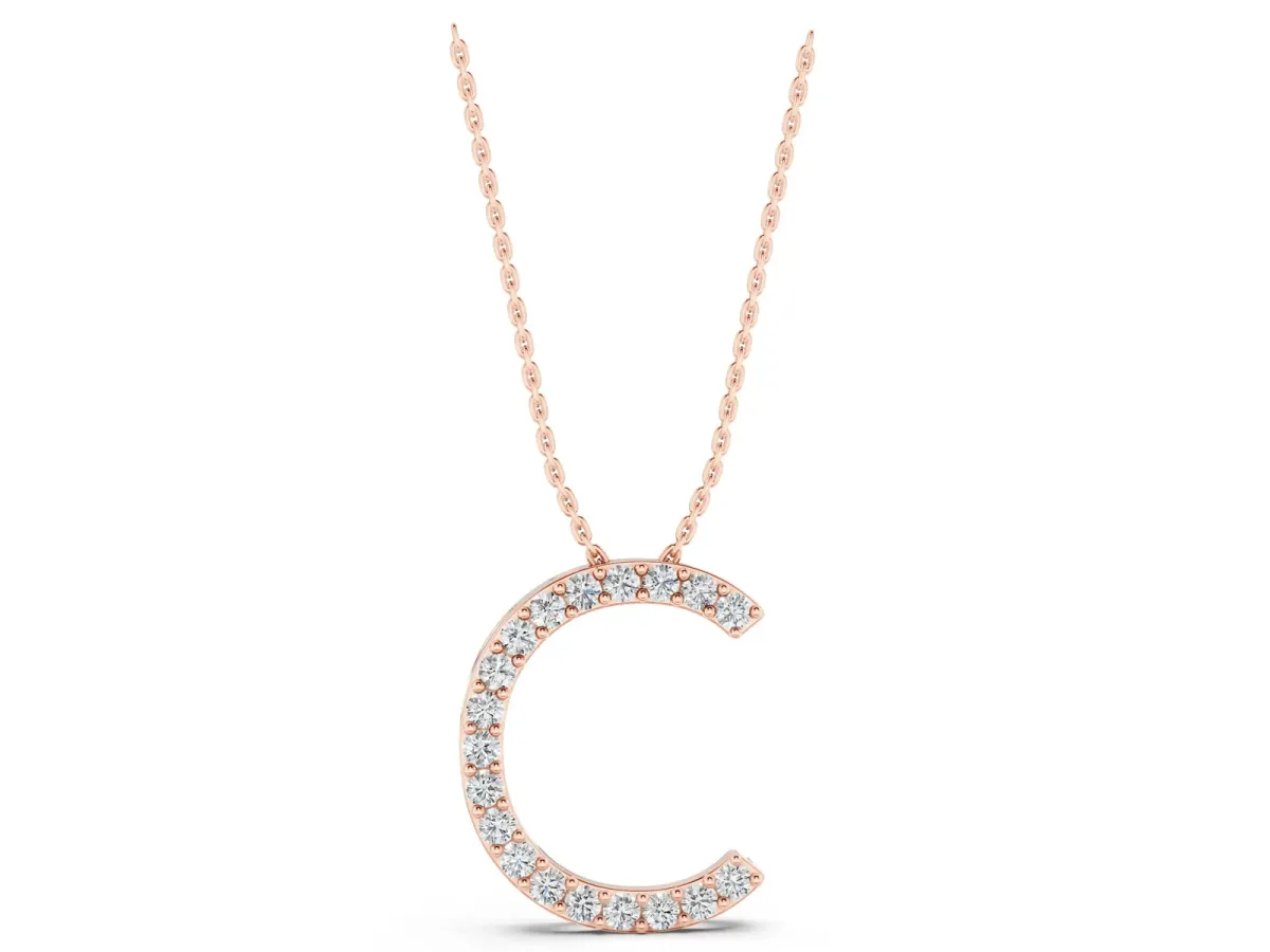 Round Diamond Pavé C Pendant Necklace Rose gold