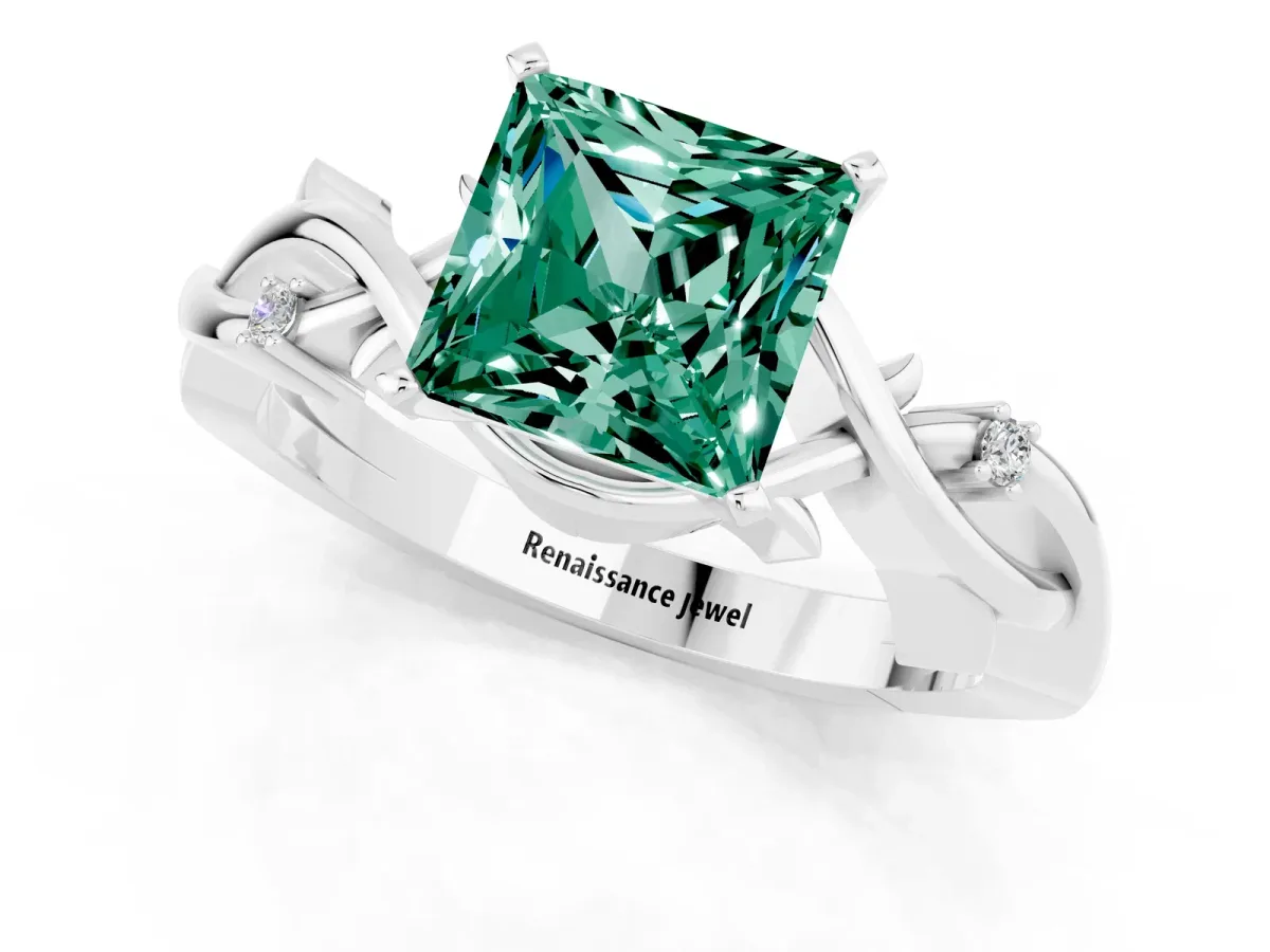 Princess Cut Green Sapphire Solitaire Ring with Twisted Band and Prong Setting Silver