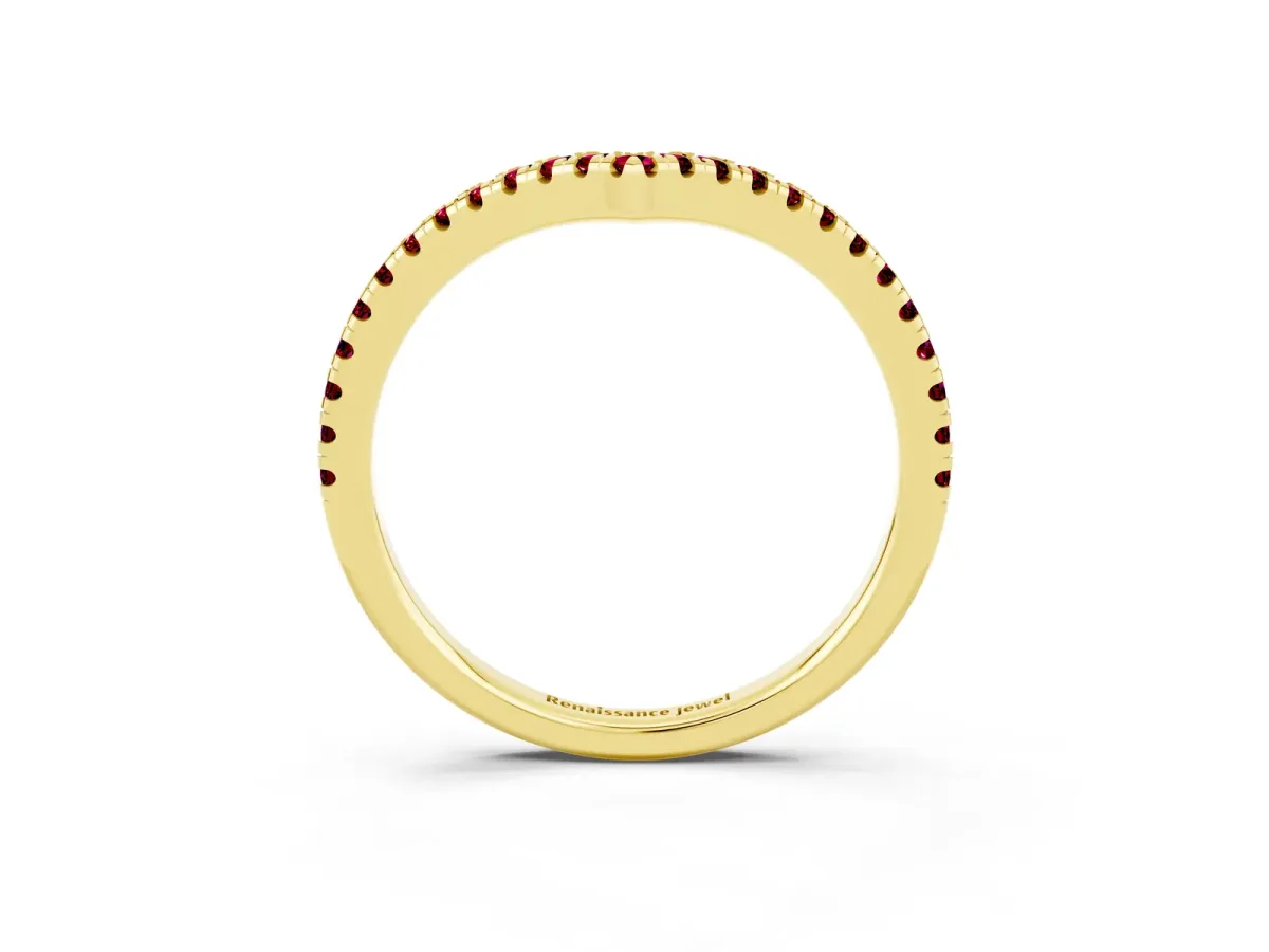 Pavé Round Garnet V-Shaped Chevron Band with Shared Prong Setting Yellow gold