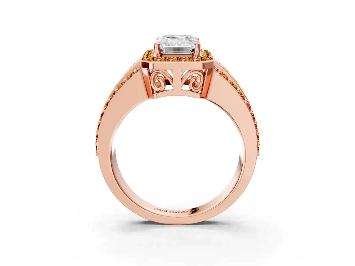 Emerald Cut Halo Diamond Ring with Round Citrine Split Shank and Prong Setting Rose gold