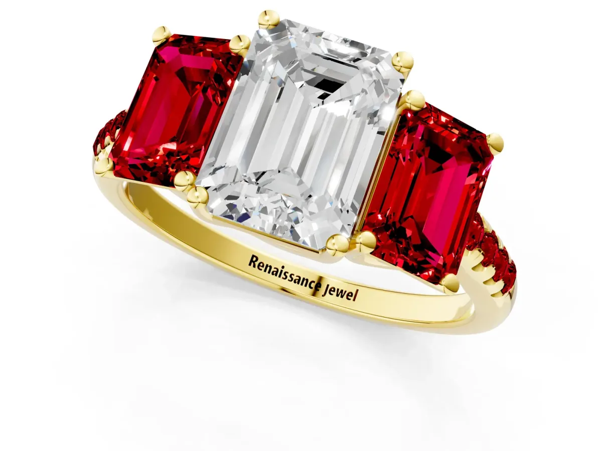 Three-Stone Emerald Cut Diamond Ring with Round Ruby Pavé Band and Prong Setting Yellow gold