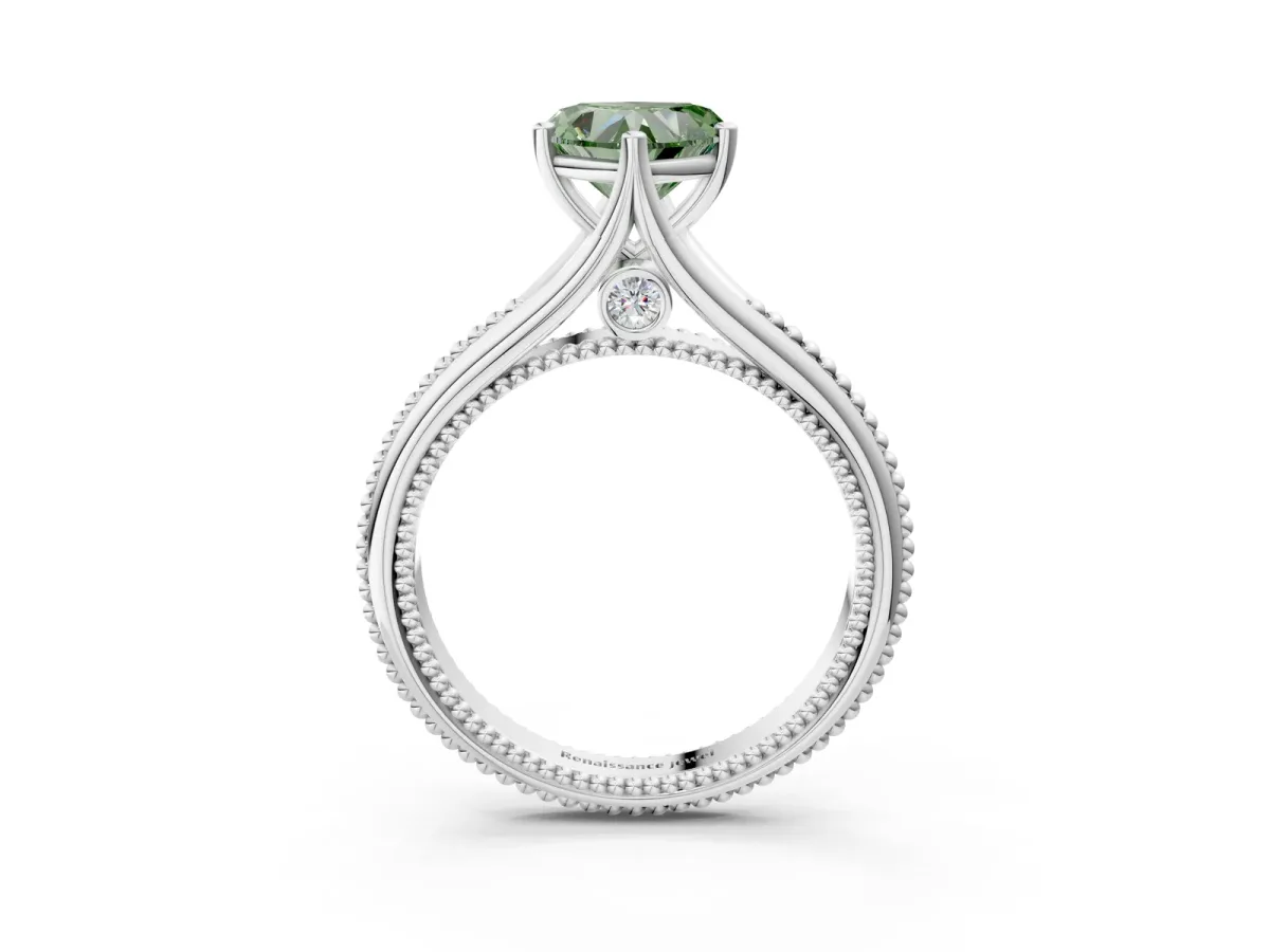 Fancy Green Heart Cut Solitaire Beaded Band Six-Prong Setting Platinum