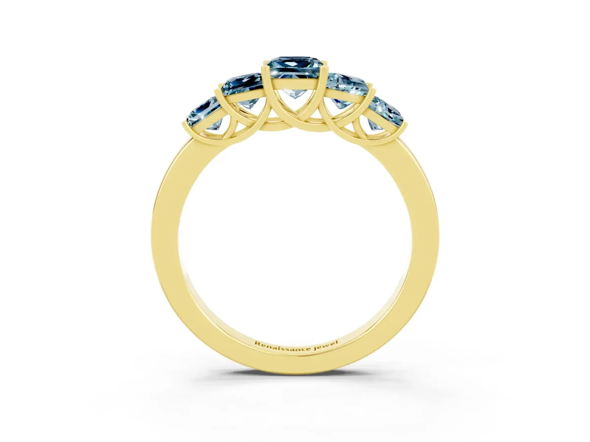 Princess Cut Five-Stone Aquamarine Ring with Classic Prong Setting Yellow gold
