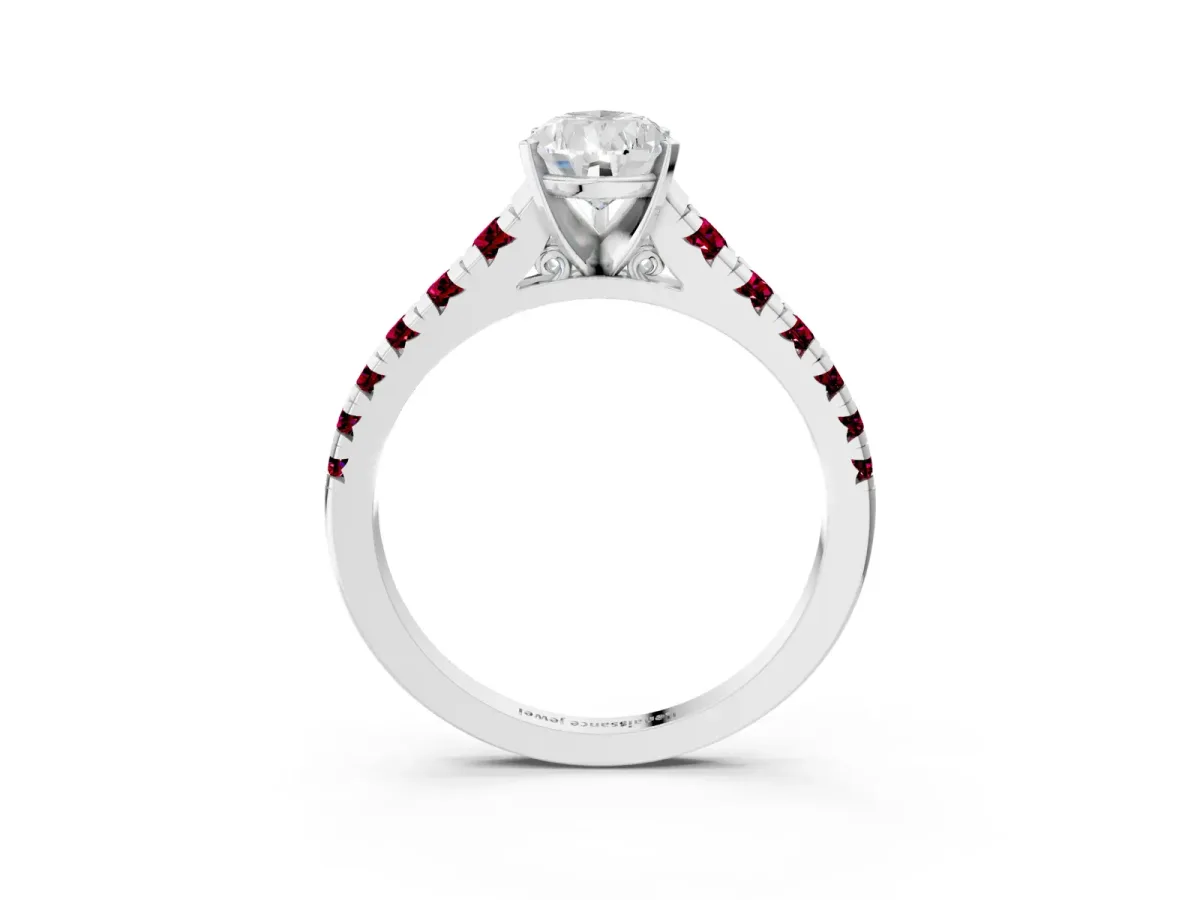 Pear Cut Diamond Cathedral Solitaire Ring with Round Garnet Pavé Band Silver