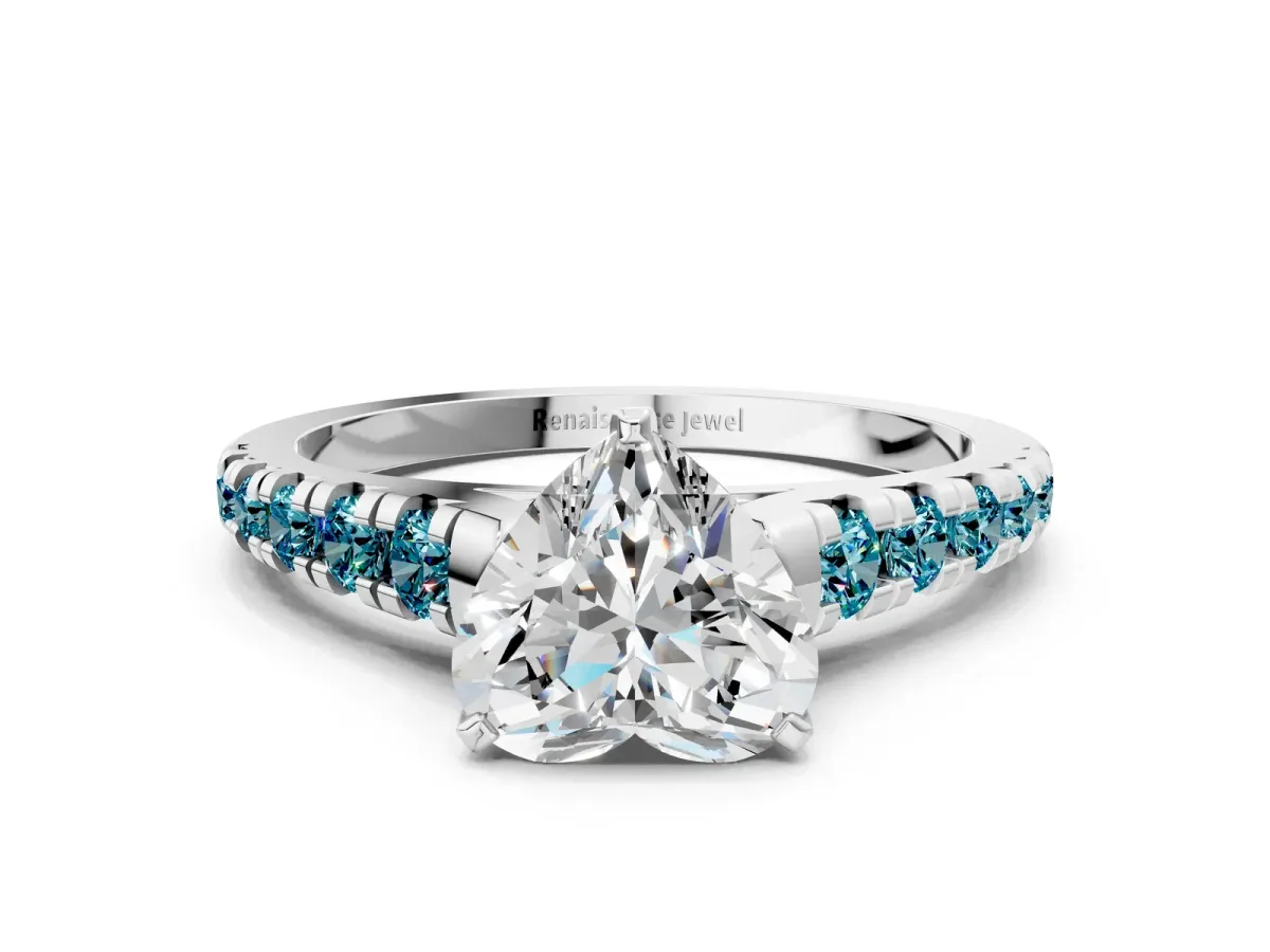 Heart Cut Diamond Cathedral Solitaire Ring with Round Blue Topaz Pavé Band Silver