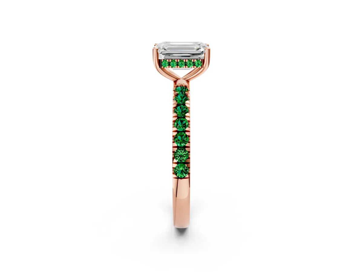 Emerald Cut Diamond Pave Band Solitaire Ring with Round Emerald and Prong Setting Rose gold