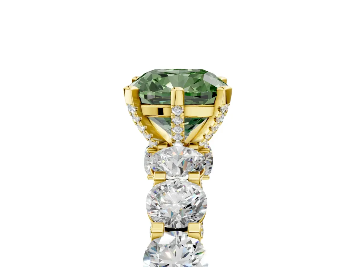 Fancy Green Cushion Cut Diamond Side Stone Engagement Ring with Four-Prong Setting Yellow gold