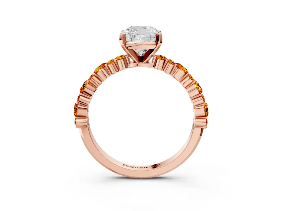 Cushion Cut Diamond Side Stone Solitaire Ring with Round Citrine and Four-Prong Setting Rose gold