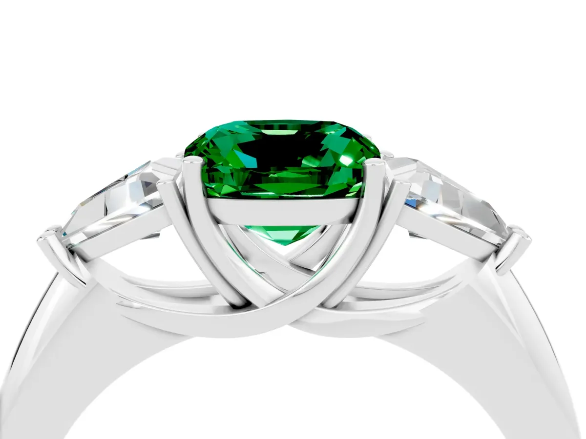 Three-Stone Cushion Cut Emerald Engagement Ring with Trillion Side Stones and Prong Setting White gold