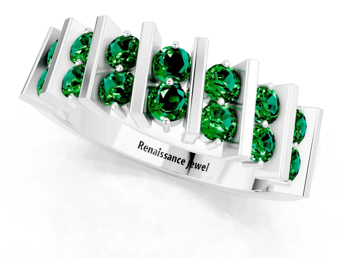 Channel Set Round Emerald Anniversary Band with Vertical Prongs Silver