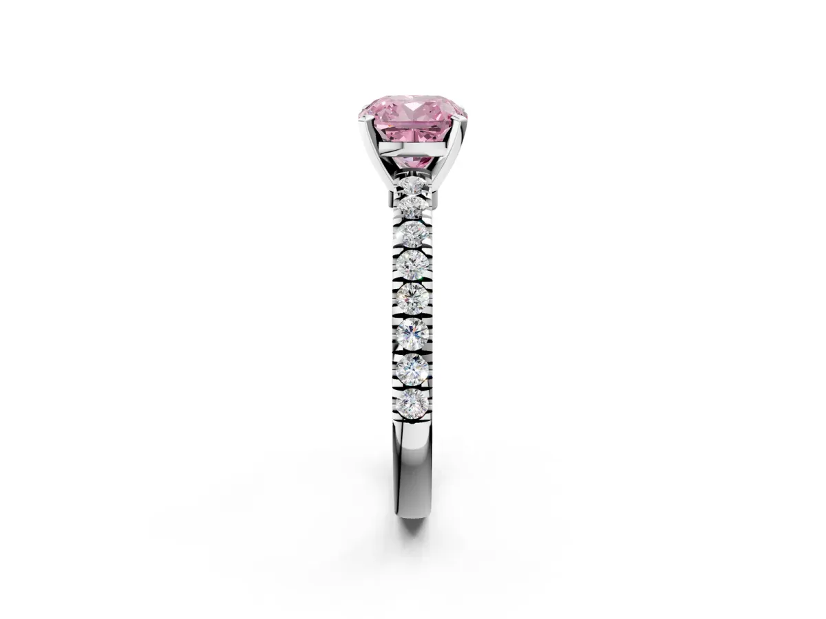 Fancy Pink Cushion Cut Solitaire Diamond with Pavé Band and Four-Prong Setting Silver