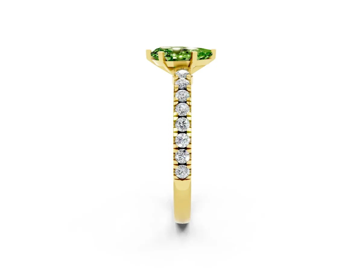 Pear Cut Solitaire Peridot with Pavé Band and Four-Prong Setting Yellow gold