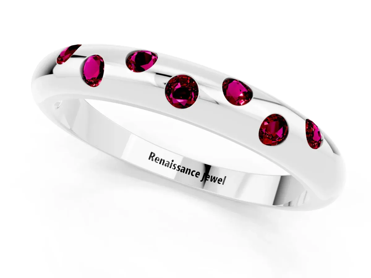 Round Garnet Flush-Set Comfort Fit Band Silver