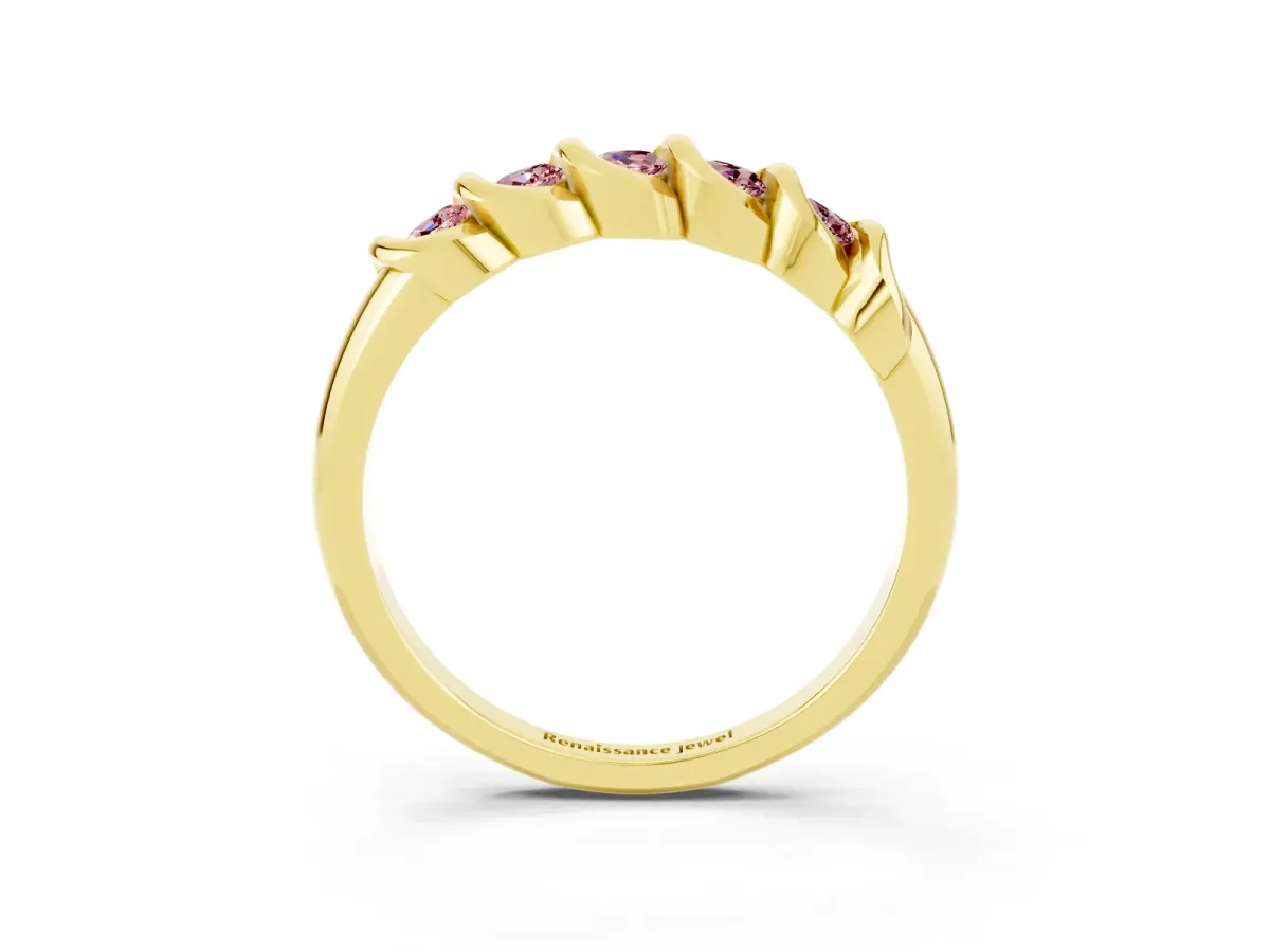 Round Morganite Eternity Band with Twist Prong Setting Yellow gold