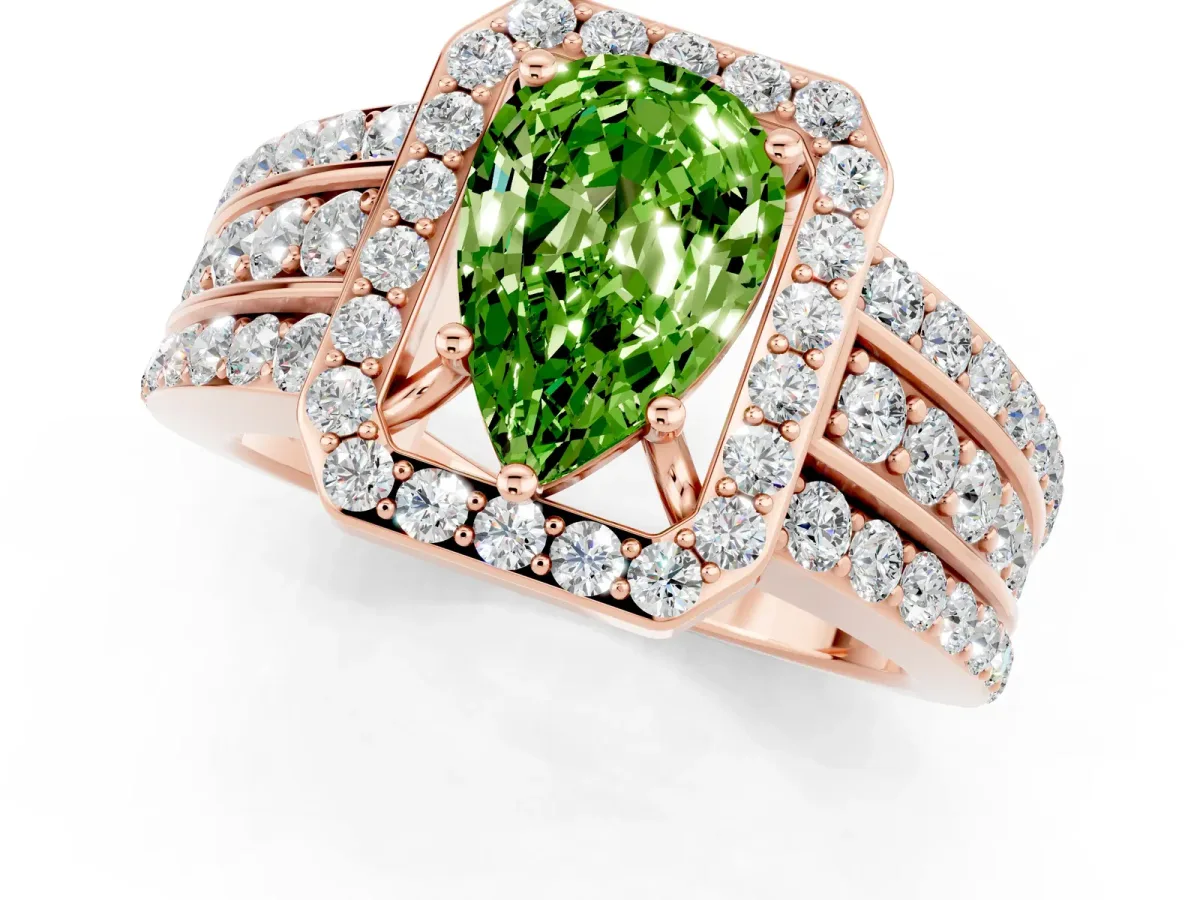 Pear Cut Halo Peridot Ring with Round Split Shank and Prong Setting Rose gold