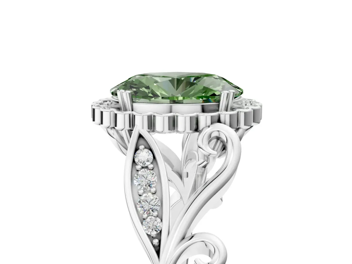Fancy Green Oval Cut Diamond Halo Ring with Vintage Split Shank and Four-Prong Setting Silver