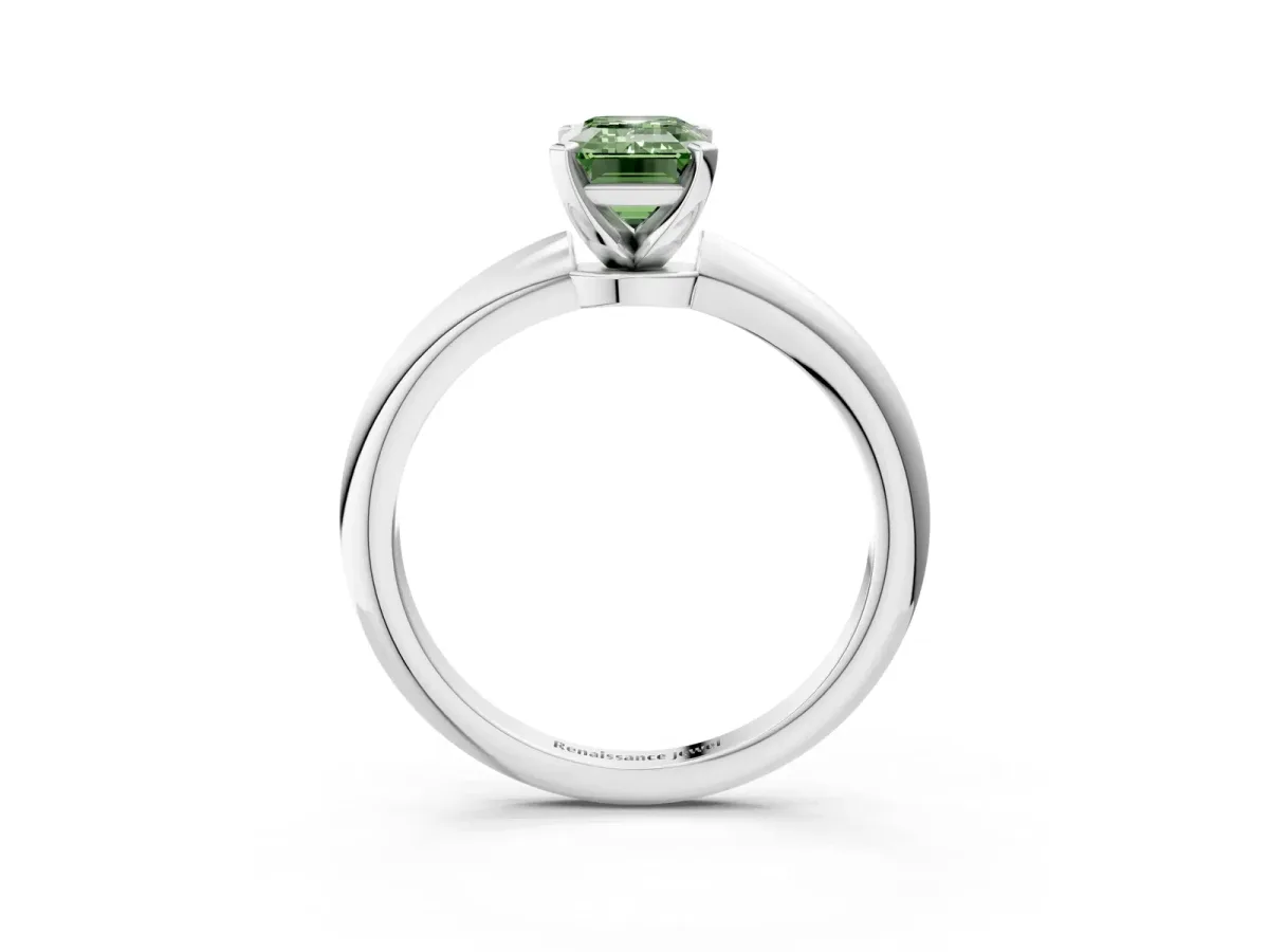 Fancy Green Emerald Cut Diamond Solitaire Ring with Six-Prong Setting and Classic Band Platinum