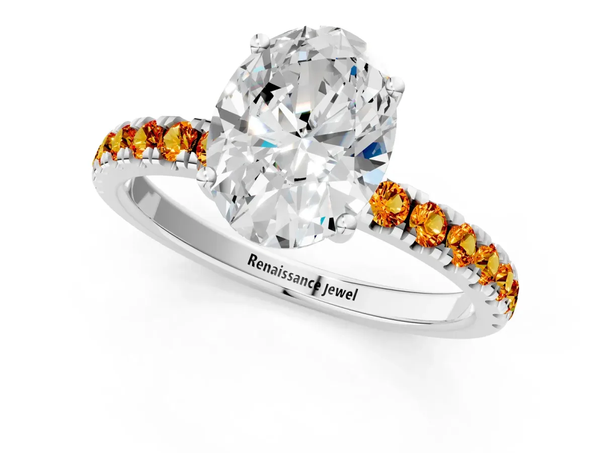 Oval Cut Diamond Pave Band Solitaire Ring with Round Citrine and Prong Setting Platinum