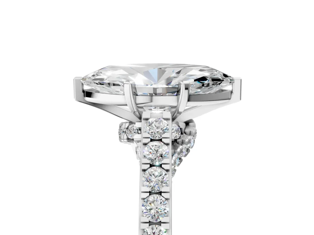 Marquise Cut Diamond Solitaire Ring with Crossover Gallery and Round Pavé Band Silver