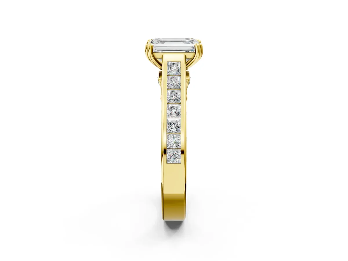 Emerald Cut Cut Channel Set Solitaire Engagement Ring with Prong Setting Yellow gold