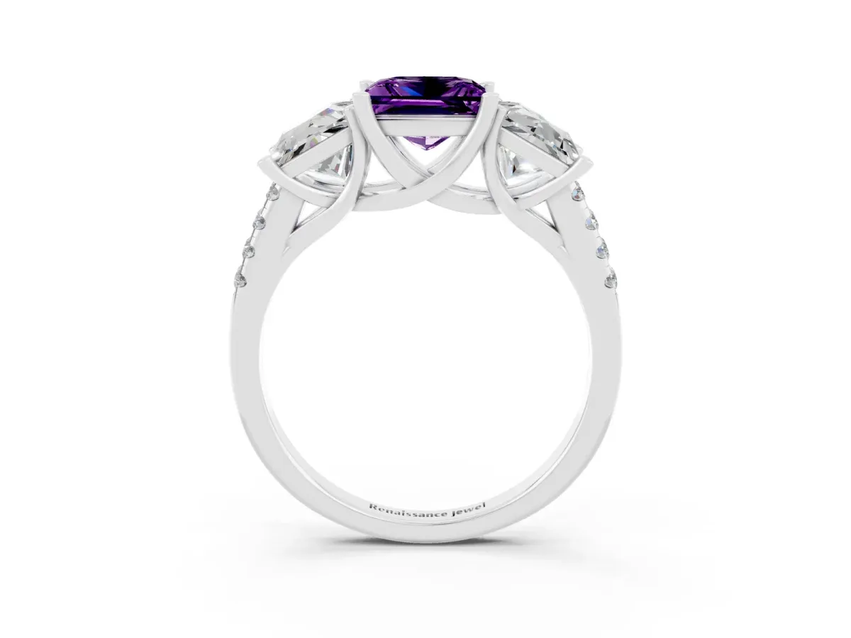Three-Stone Princess Cut Amethyst Ring with Round Pavé Band and Prong Setting Platinum