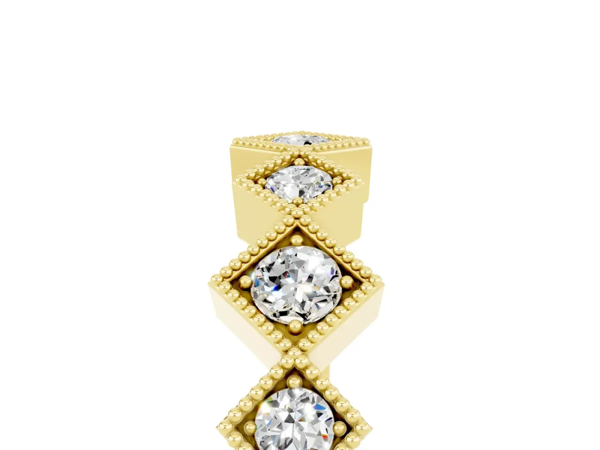 Milgrain Square Bezel Round Moissanite Chevron Band Yellow gold