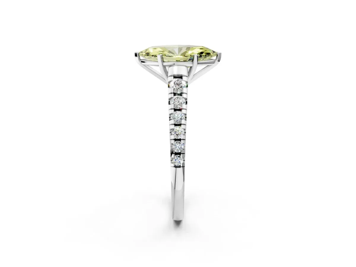 Fancy Yellow Marquise Cut Diamond Cathedral Solitaire Ring with Round Pavé Band Silver