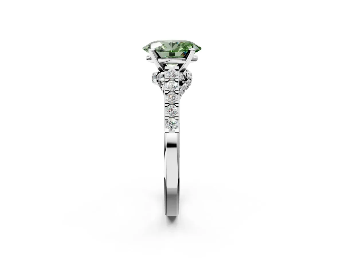 Fancy Green Oval Cut Diamond Solitaire Ring with Crossover Gallery and Round Pavé Band Silver
