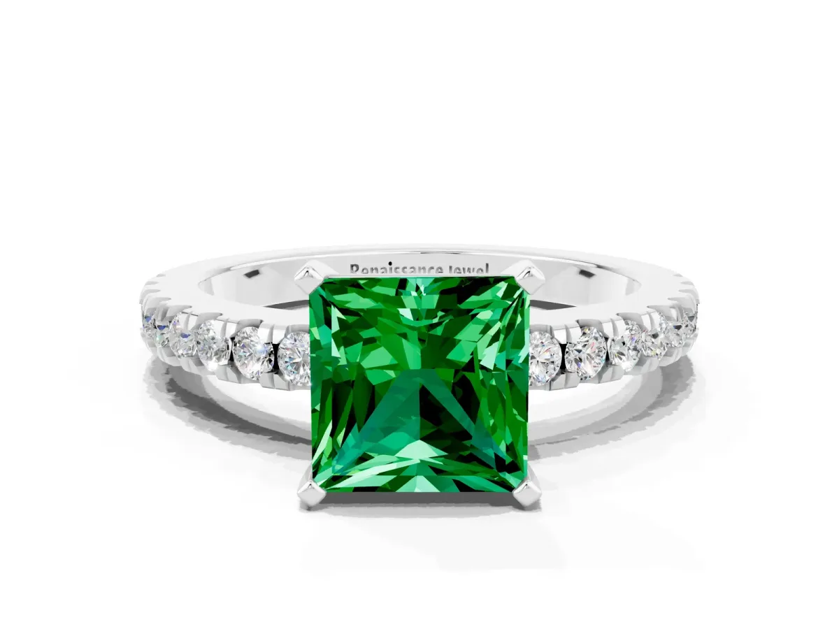 Princess Cut Solitaire Emerald with Pavé Band and Four-Prong Setting Silver