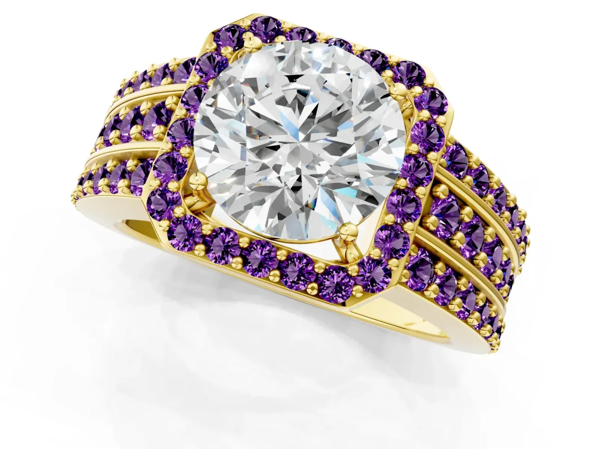 Round Cut Halo Diamond Ring with Round Amethyst Split Shank and Prong Setting Yellow gold