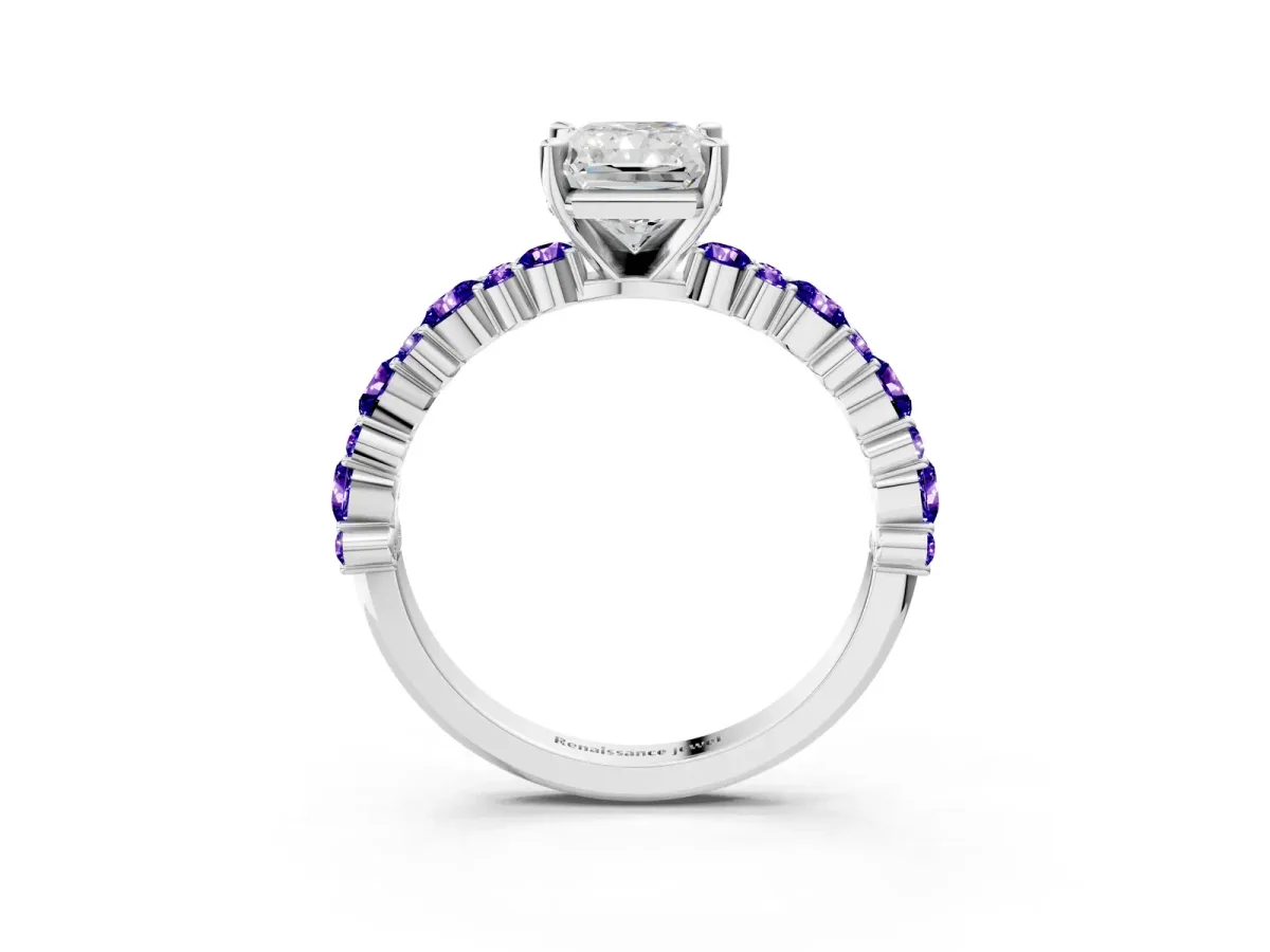 Radiant Cut Diamond Side Stone Solitaire Ring with Round Tanzanite and Four-Prong Setting Silver