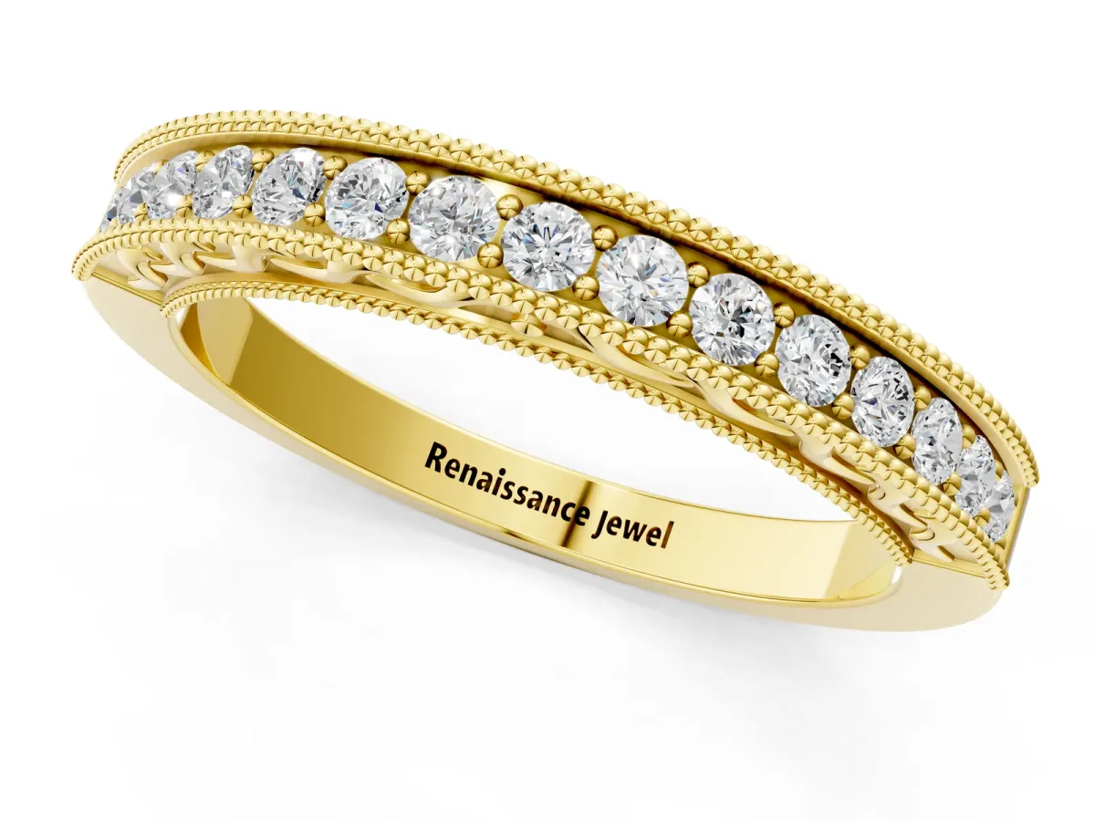 Channel Set Round Diamond Milgrain Edge Eternity Band Yellow gold