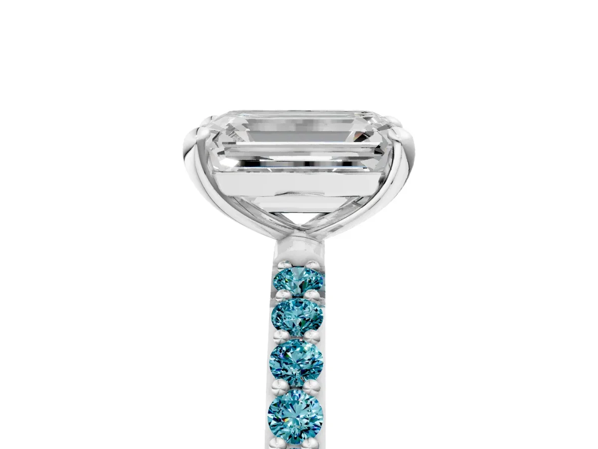 Emerald Cut Diamond Solitaire Ring with Round Blue Topaz Pavé Band and Prong Setting Silver