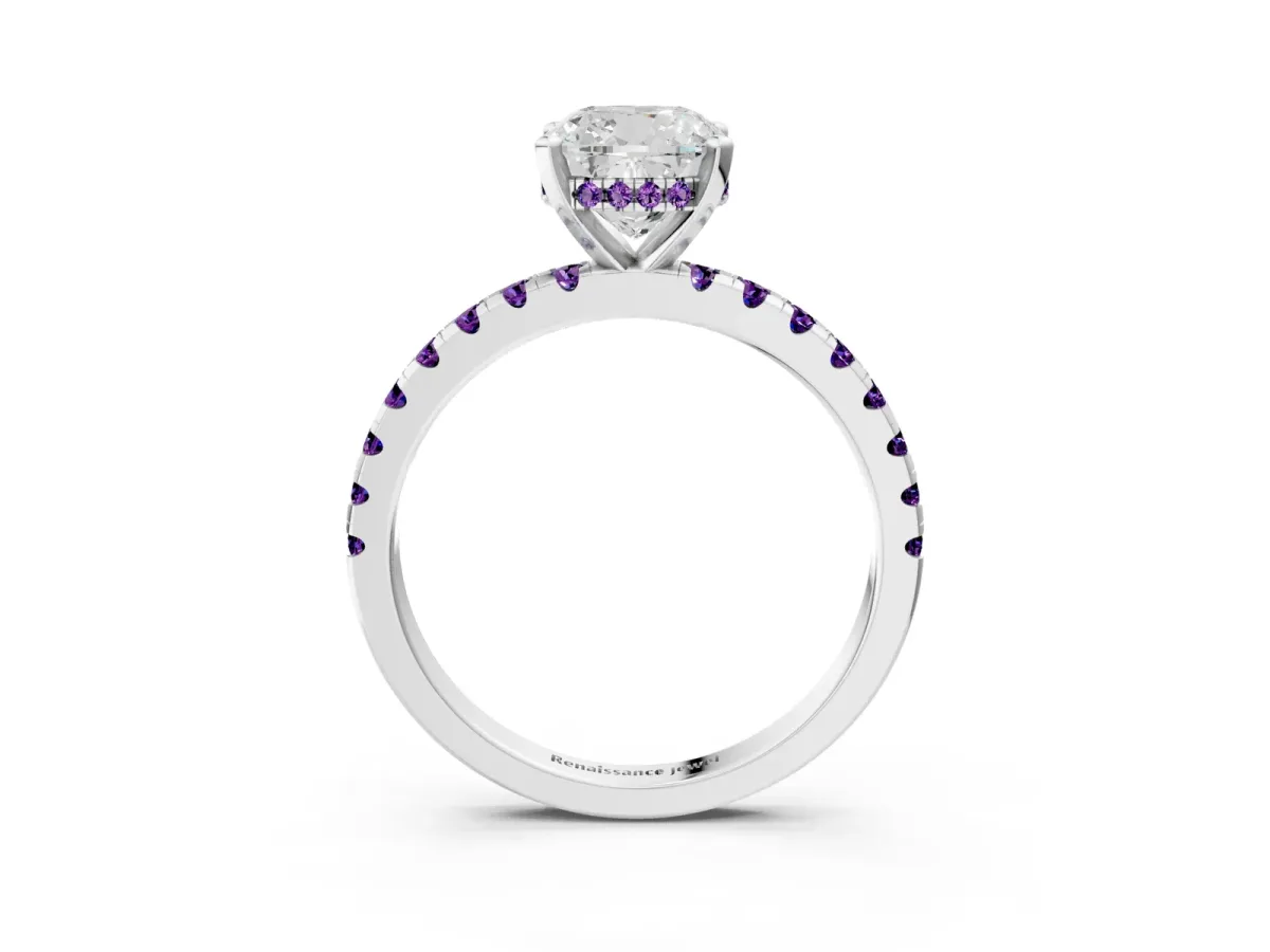 Cushion Cut Diamond Solitaire Ring with Round Amethyst Pavé Band and Four-Prong Setting Silver