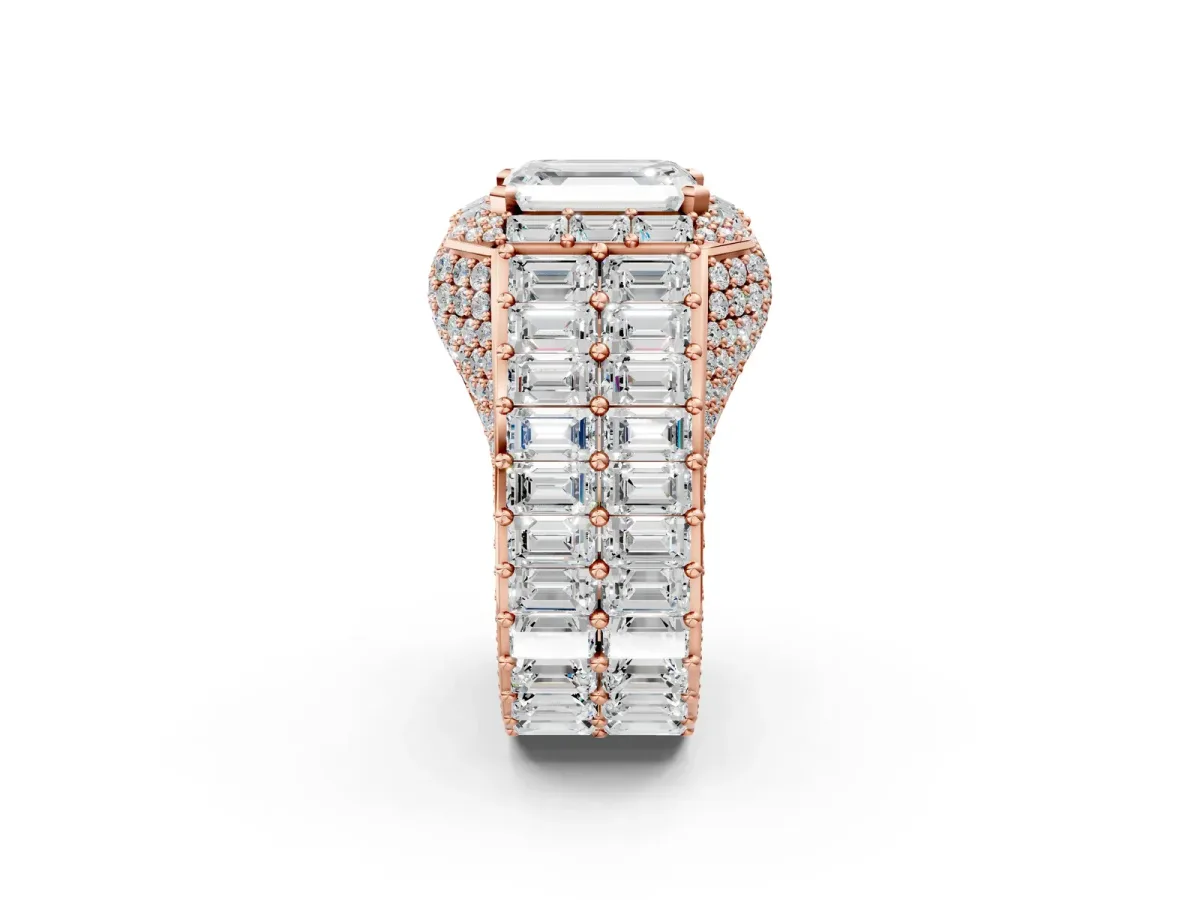 Emerald Cut Diamond Pavé Statement Mens Ring with Baguette Accents Rose gold