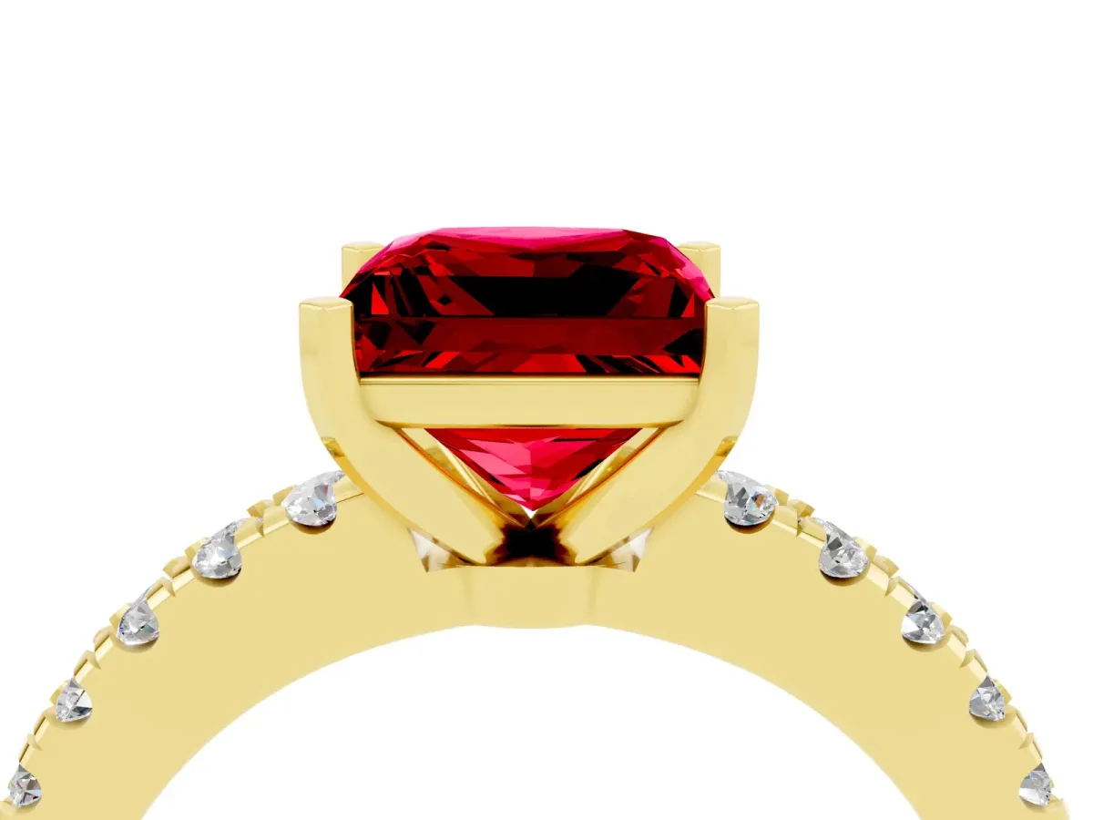 Princess Cut Solitaire Ruby with Pavé Band and Four-Prong Setting Yellow gold