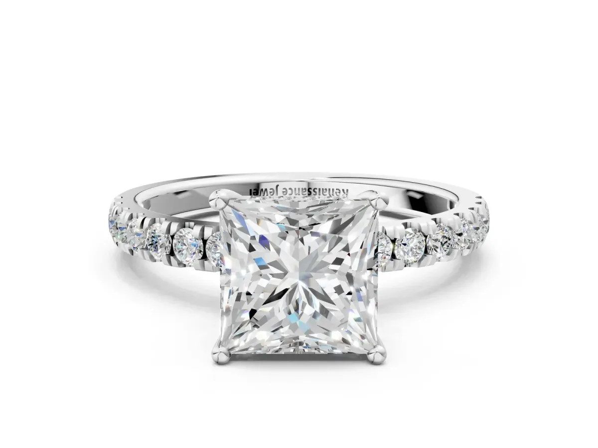 Princess Cut Diamond Pave Band Solitaire Ring with Round Moissanite and Prong Setting Silver