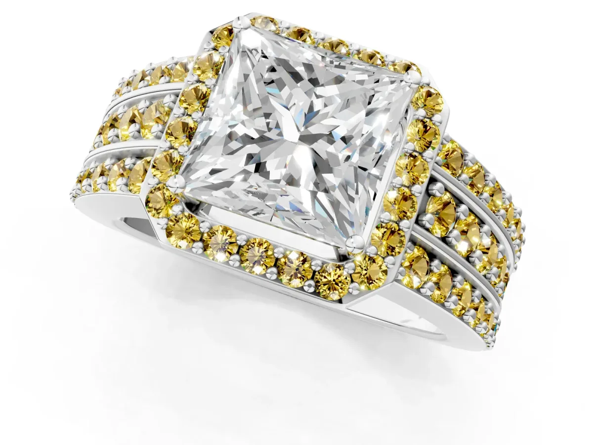 Princess Cut Halo Diamond Ring with Round Yellow Sapphire Split Shank and Prong Setting Silver